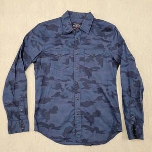 American Eagle Vintage Fit blue camo black snap front long sleeve shirt M